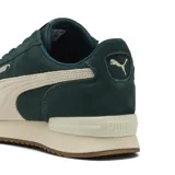 Championes urbanos Puma modelo R78 Wind SD, color verde oscuro con detalles en beige. Presentan el diseño clásico de la marca con la franja lateral característica y suela de goma.