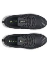 Championes de entrenamiento Under Armour Charged Engage 2, color negro con detalles en verde lima y suela blanca. Presentan parte superior transpirable con estampado 3D, refuerzos de TPU en el talón y entresuela Charged Cushioning para mayor amortiguación y respuesta.