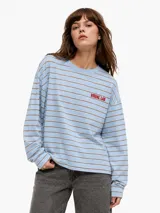 Remera manga larga celeste a rayas horizontales marrones, con cuello redondo y el texto "VISUAL LAB" bordado en rojo en el pecho.