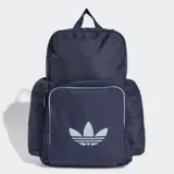Mochila Adidas Adicolor azul marino con logo del trifolio en blanco. Cuenta con un compartimento principal amplio, un bolsillo frontal y dos bolsillos laterales con cierre.