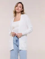 Cardigan abierto de tejido acanalado, marca Ninety, color blanco, con bolsillos delanteros y mangas largas.