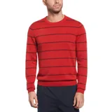 Sweater rojo de tejido de punto con rayas horizontales en color negro y logo bordado en el pecho.