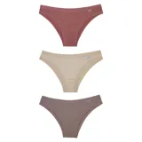 Pack de tres bombachas tipo bikini de tiro bajo, confeccionadas en algodón. Incluye una bombacha rosada, una beige y una marrón topo.