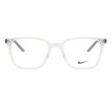 Anteojos de acetato transparentes con forma rectangular y logo de Nike en el lente derecho.