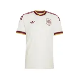 Camiseta de fútbol Adidas de la selección española, segunda equipación 2026. Diseño en color blanco con detalles en granate y dorado en cuello y mangas. Incluye el logo de Adidas Originals y el escudo de la selección en el pecho.