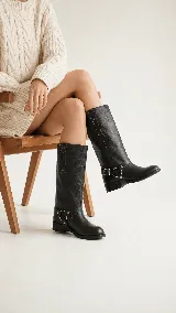 Bota de caña alta color negro, con diseño versátil que incluye un arnés desmontable con hebilla y argollas metálicas. Presenta costuras decorativas en la caña y taco bajo cuadrado.