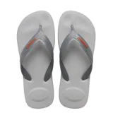 Chancletas Havaianas Top Max Comfort de color gris, con tiras anchas texturizadas y detalle de la marca en tono verde lima.