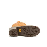 Bota corta de cuero color marrón, con taco cuadrado y punta fina. Presenta costuras decorativas de estilo western en la caña y el empeine. Cuenta con suela de goma.
