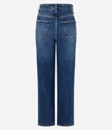 Pantalón de jean azul clásico de corte recto, con tiro alto, presillas para cinto y bolsillos funcionales.