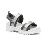 Sandalias Caterpillar modelo Second Chance, de estilo deportivo y urbano, color gris y plateado con suela chunky blanca dentada. Cuentan con tiras ajustables con velcro y forro interior suave.