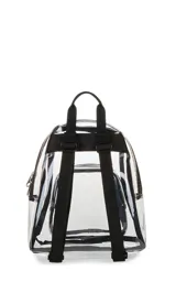 Mochila mini transparente de la marca JanSport con ribetes y correas en color lila pastel. Cuenta con un compartimento principal y un bolsillo frontal con cierre.