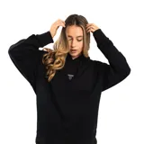 Canguro negro con capucha y cordones ajustables, de corte clásico y diseño minimalista con logo bordado en el centro del pecho.