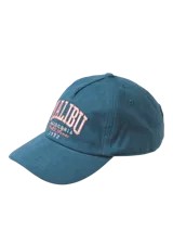 Gorra de béisbol azul con bordado frontal de la palabra 'Malibu' en color rosa, junto con la frase 'California Jack & Jones 1990'.