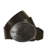 Cinturón de cuero marrón con hebilla metálica ovalada con el logo de Caterpillar y la leyenda "A Tractor Company".