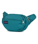 Riñonera Jansport modelo Fifth Avenue, color verde menta, con cierre principal y bolsillo frontal con cierre. Incluye parche con logo de la marca en el frente.