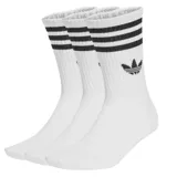 Pack de tres pares de medias Adidas de caña media en color blanco, con tres rayas negras en el puño y el logotipo del trébol bordado en negro.