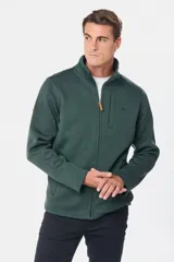 Campera gris jaspeado con cierre frontal, cuello alto y bolsillos laterales. Interior de polar.