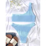 Bikini de dos piezas con textura acanalada, color amarillo. El top es de diseño asimétrico de un solo hombro y la parte inferior es de corte vedetina.