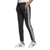 Pantalón negro de acetato con tres rayas blancas a los costados y logo de Adidas bordado en blanco.