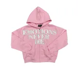 Hoodie con cierre frontal, color rosado, con diseño gráfico de texto decorado con pedrería brillante en el frente.