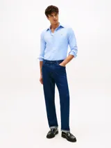 Camisa de manga larga Tommy Hilfiger en color celeste, con cuello clásico, cierre frontal de botones y logo de la marca bordado en el pecho. Presenta un corte regular y tejido técnico flexible.