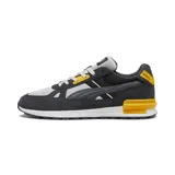 Championes urbanos Puma modelo Graviton Pro, con diseño inspirado en el running. Presentan una combinación de paneles en gris oscuro y gris claro, con detalles vibrantes en color naranja en los ojales, el talón y la pieza estabilizadora de la entresuela. Cuentan con suela blanca y cordones claros.