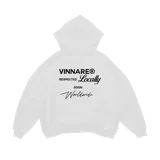 Canguro blanco con capucha y cordones ajustables, con estampado en la espalda con el texto "VINNARE® RESPECTED Locally SOON Worldwide".