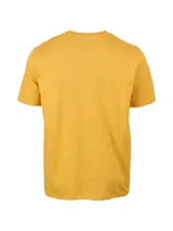 Remera de cuello redondo y manga corta color amarillo, con estampado gráfico frontal de tractor Caterpillar y texto descriptivo en tonos oscuros.