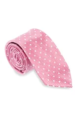 Corbata morada con pequeños lunares blancos.