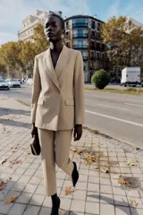 Blazer cruzado de cuello solapa y manga larga, en color beige, con bolsillos con solapa en el delantero y cierre frontal con botones forrados.