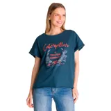 Remera azul con estampa frontal de la marca Caterpillar en color naranja.