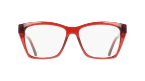 Anteojos de receta con armazón de acetato en color rojo traslúcido, con diseño de marco cuadrado y patillas a tono.