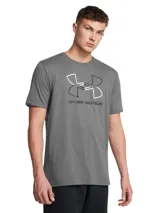Remera de manga corta Under Armour, color gris, con cuello redondo acanalado y estampado gráfico del logo de la marca en el frente.