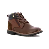 Bota casual de hombre en color marrón, con diseño acordonado y cierre lateral. Presenta detalles en cuero negro en la parte superior del tobillo y refuerzo de gamuza en el talón, con suela de goma antideslizante.