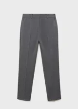 Pantalon de vestir gris de tiro medio y corte recto, con diseño crop, trabillas en la cintura, cierre oculto de cremallera y gancho, y bolsillos laterales de ribete.
