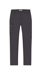 Pantalon utilitario color negro lavado, confeccionado en tejido elástico. Presenta cintura elástica con cordón de ajuste, bolsillos laterales de entrada, bolsillo utilitario en la pierna derecha y bragueta falsa.