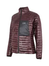Campera acolchada de Mountain Hardwear, color bordó con acabado brillante. Presenta cierre frontal completo, cuello alto, puños elásticos y un bolsillo frontal con cierre en contraste de color negro que incluye el logo de la marca.