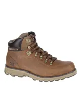 Bota de cuero color marrón de Caterpillar, modelo Highbury, con cordones, detalles metálicos y suela dentada.
