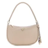 Cartera tipo hobo de la marca Guess, color taupe, con textura granulada, cierre superior y asa única con detalle trenzado. Incluye dije colgante con candado y logo metálico triangular en el frente.
