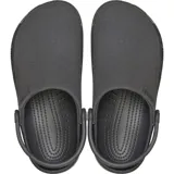 Zueco Crocs de color gris oscuro, con capellada de lona textil y suela Croslite™. Presenta correa pivotante en el talón y orificios para Jibbitz™.