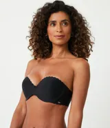 Soutien negro liso, sin tirantes, con relleno y detalle de borde festoneado.