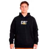 Buzo canguro negro con capucha ajustable y bolsillo frontal. Logo CAT blanco y amarillo estampado en el pecho.