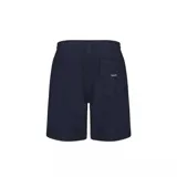 Bermuda de baño de color azul marino liso, con cintura elástica ajustable mediante cordón. Presenta un pequeño logo rectangular negro en la parte inferior derecha de la pierna.