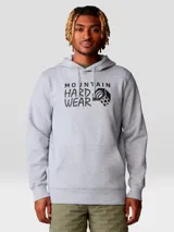 Buzo con capucha y bolsillo tipo canguro, confeccionado en tejido de algodón gris melange. Presenta estampado gráfico en el pecho con el logo de la marca en color negro.