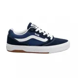 Championes Vans modelo BMX Proof Wafflecup, color azul marino con detalles en blanco. Presentan la icónica banda lateral de Vans, suela de goma color caramelo con tecnología Wafflecup y cordones blancos.