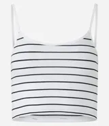 Blusa cropped de tirantes finos con rayas horizontales blancas y negras.