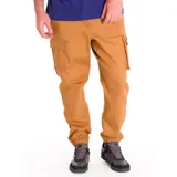 Pantalón cargo color tostado con cintura elástica, bolsillos laterales tipo cargo, bolsillo para herramientas y puños elásticos en los tobillos.