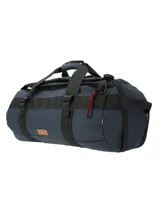 Bolso de viaje tipo duffel marca RKF, color azul navy, confeccionado en poliéster reciclado resistente al agua. Cuenta con compartimento principal con cierre impermeable, asas de mano reforzadas, correas ajustables y detalles en color negro.