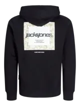 Buzo canguro negro con capucha y cordones ajustables. Estampado en la espalda con el logo de la marca Jack & Jones y texto con tipografía sans-serif. Puños y cintura acanalados.