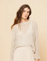 Sweater blanco de algodón con escote redondo, manga larga y calado en punto desagujado.